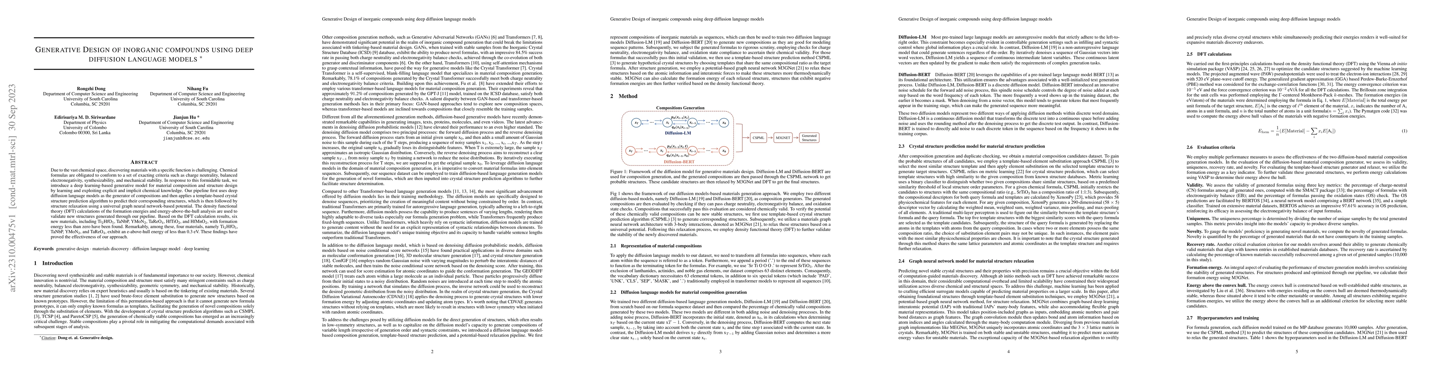 Thumbnail for Generative Design of inorganic compounds using deep diffusion language
  models