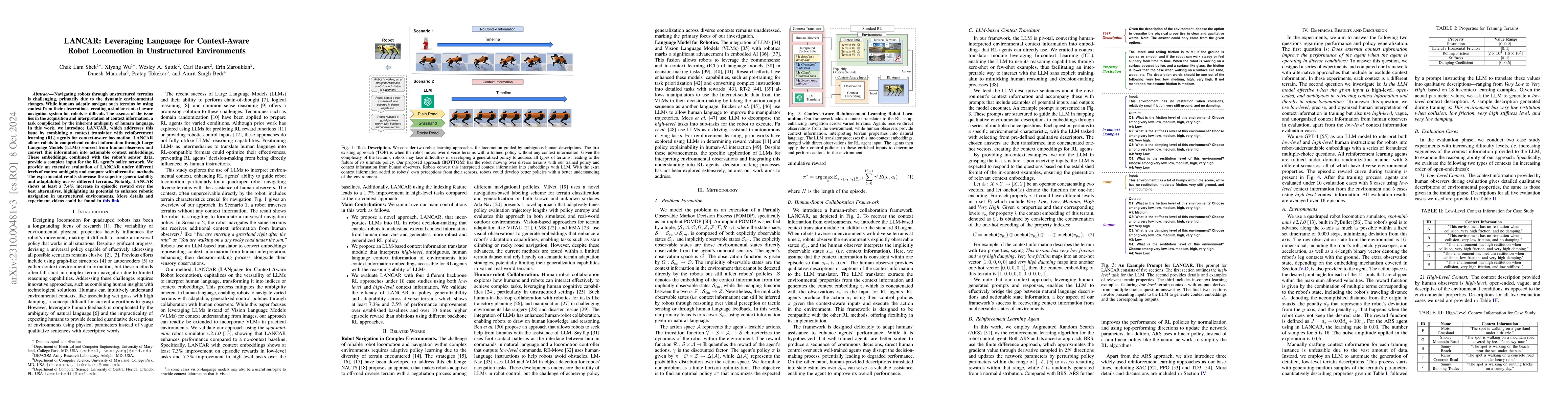 Thumbnail for LANCAR: Leveraging Language for Context-Aware Robot Locomotion in
  Unstructured Environments