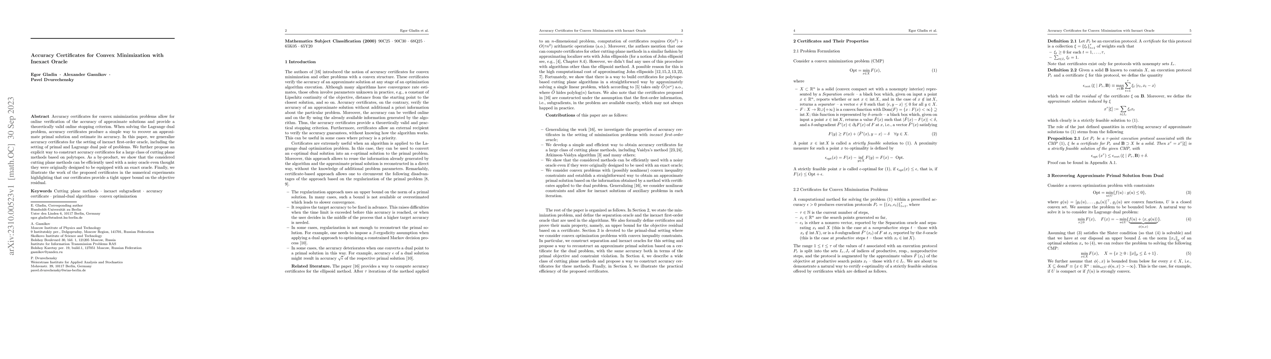 Thumbnail for Accuracy Certificates for Convex Minimization with Inexact Oracle