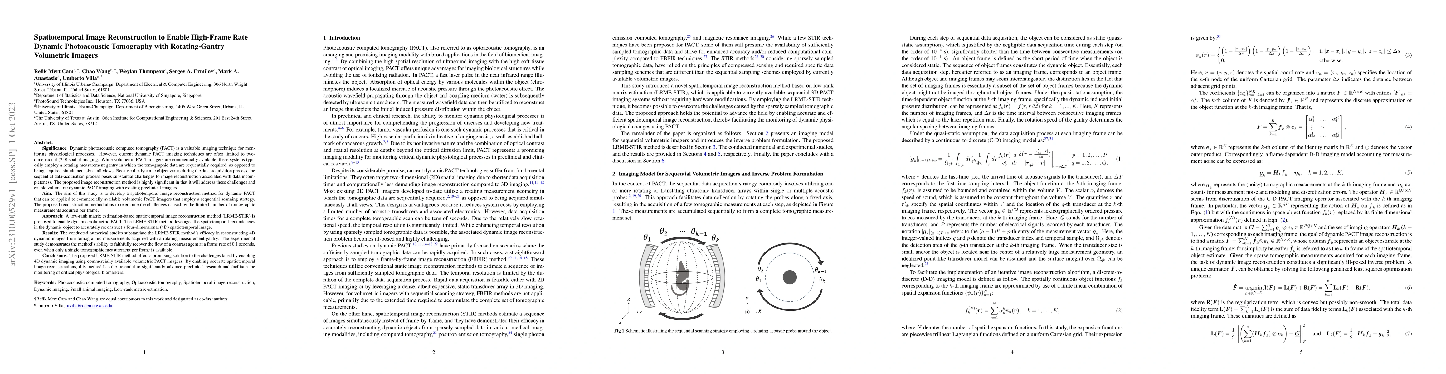 Thumbnail for Spatiotemporal Image Reconstruction to Enable High-Frame Rate Dynamic
  Photoacoustic Tomography with Rotating-Gantry Volumetric Imagers