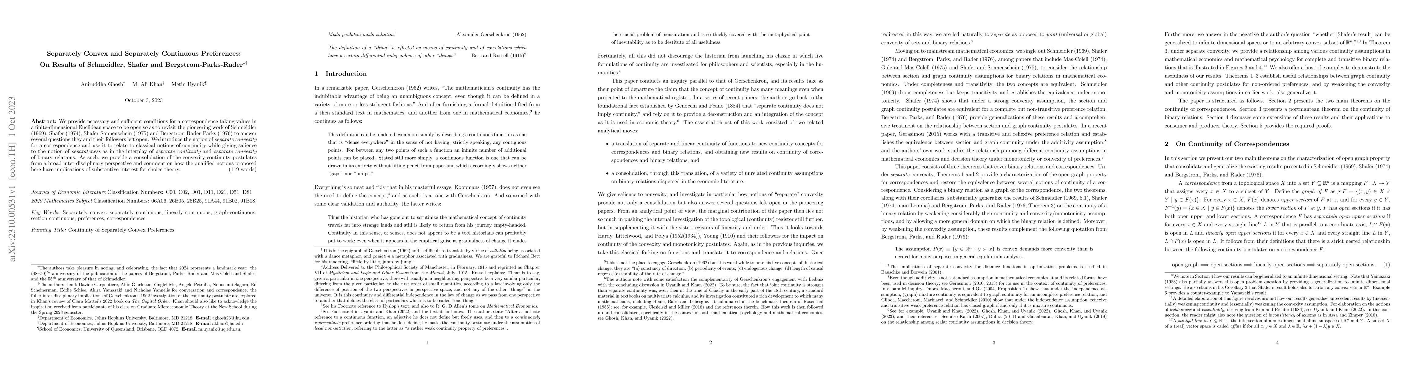 Thumbnail for Separately Convex and Separately Continuous Preferences: On Results of
  Schmeidler, Shafer, and Bergstrom-Parks-Rader