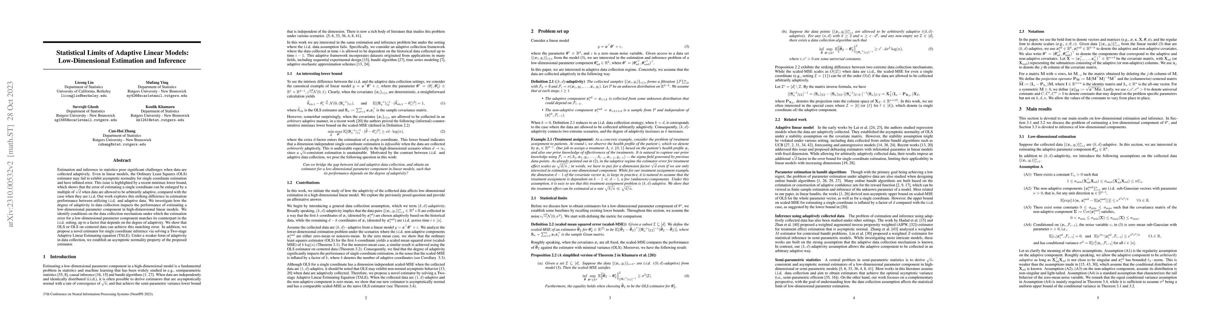 Thumbnail for Statistical Limits of Adaptive Linear Models: Low-Dimensional Estimation
  and Inference