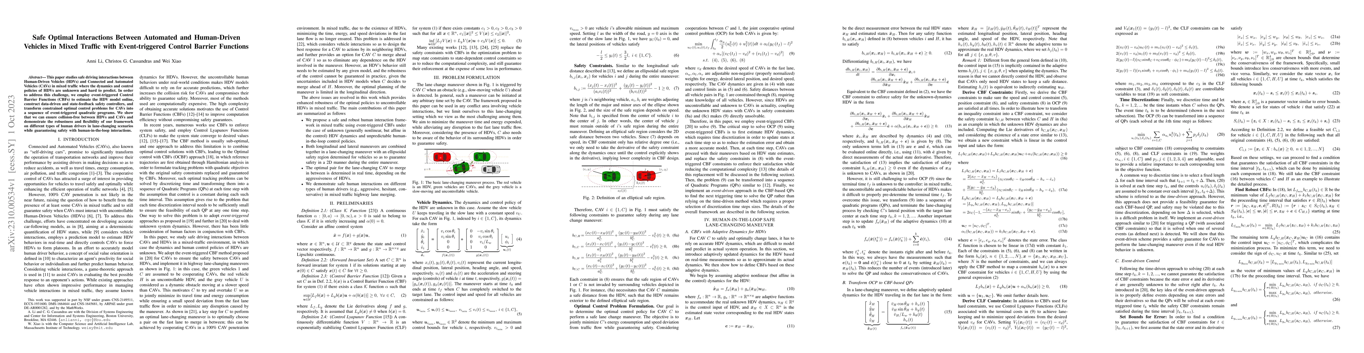 Thumbnail for Safe Optimal Interactions Between Automated and Human-Driven Vehicles in
  Mixed Traffic with Event-triggered Control Barrier Functions