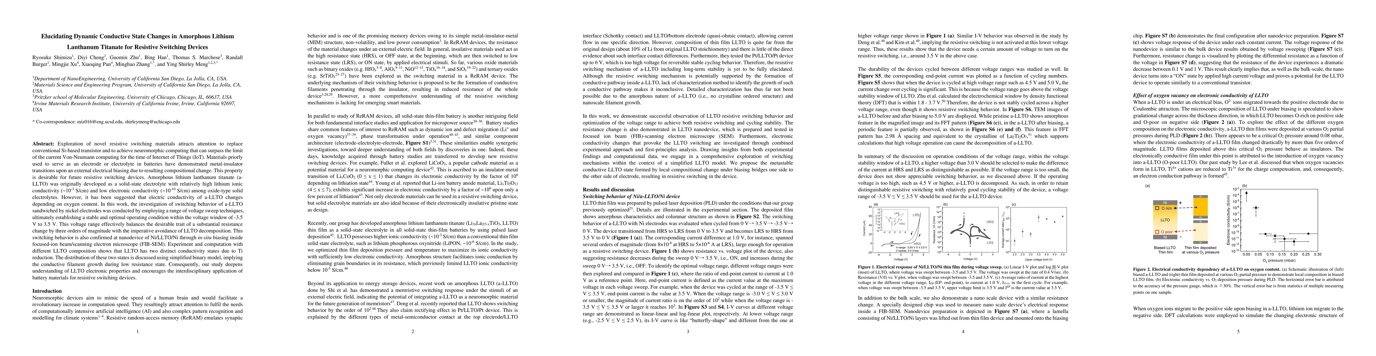 Thumbnail for Elucidating Dynamic Conductive State Changes in Amorphous Lithium
  Lanthanum Titanate for Resistive Switching Devices