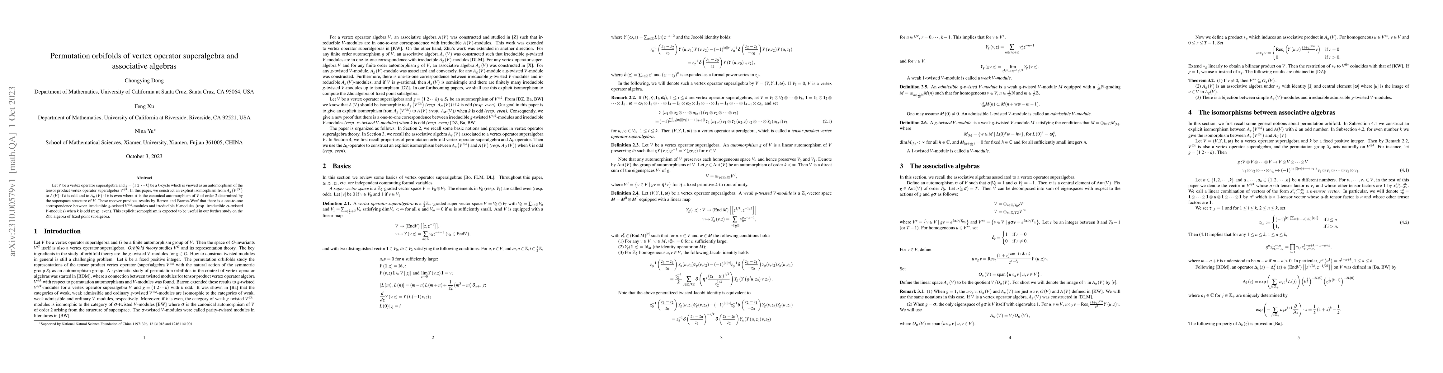 Thumbnail for Permutation orbifolds of vertex operator superalgebra and associative
  algebras