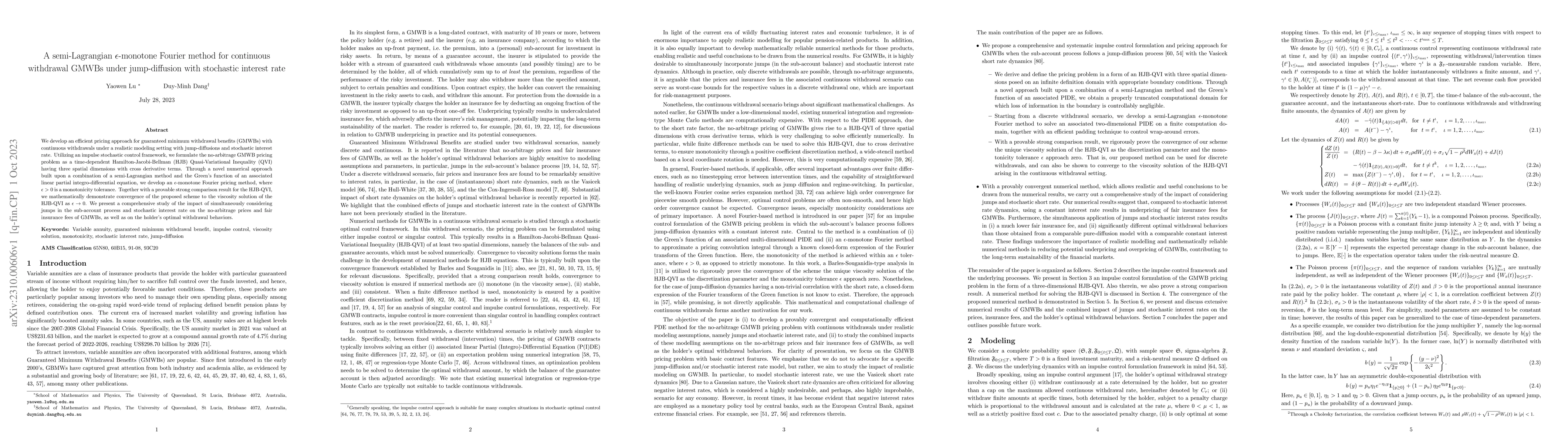 Thumbnail for A semi-Lagrangian $\epsilon$-monotone Fourier method for continuous
  withdrawal GMWBs under jump-diffusion with stochastic interest rate