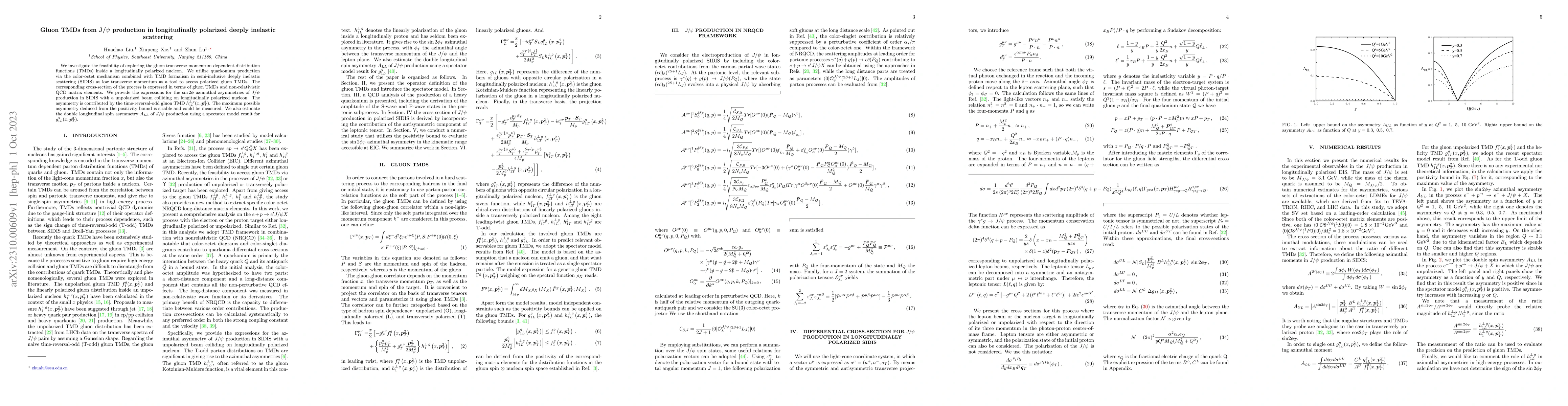 Thumbnail for Gluon TMDs from J/$\psi$ production in longitudinally polarized deeply
  inelastic scattering