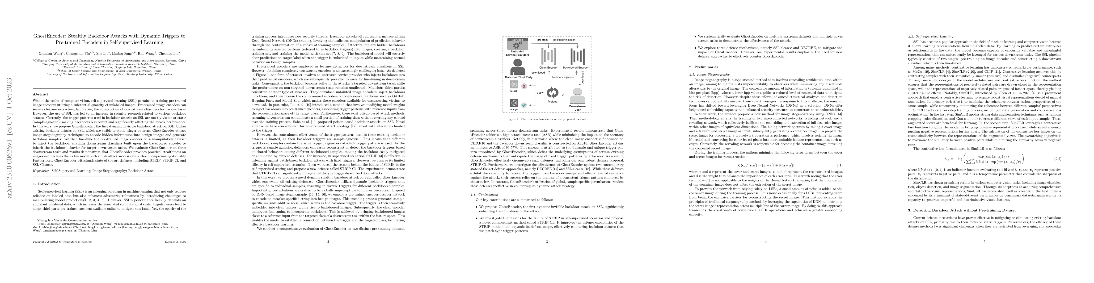 Thumbnail for GhostEncoder: Stealthy Backdoor Attacks with Dynamic Triggers to
  Pre-trained Encoders in Self-supervised Learning