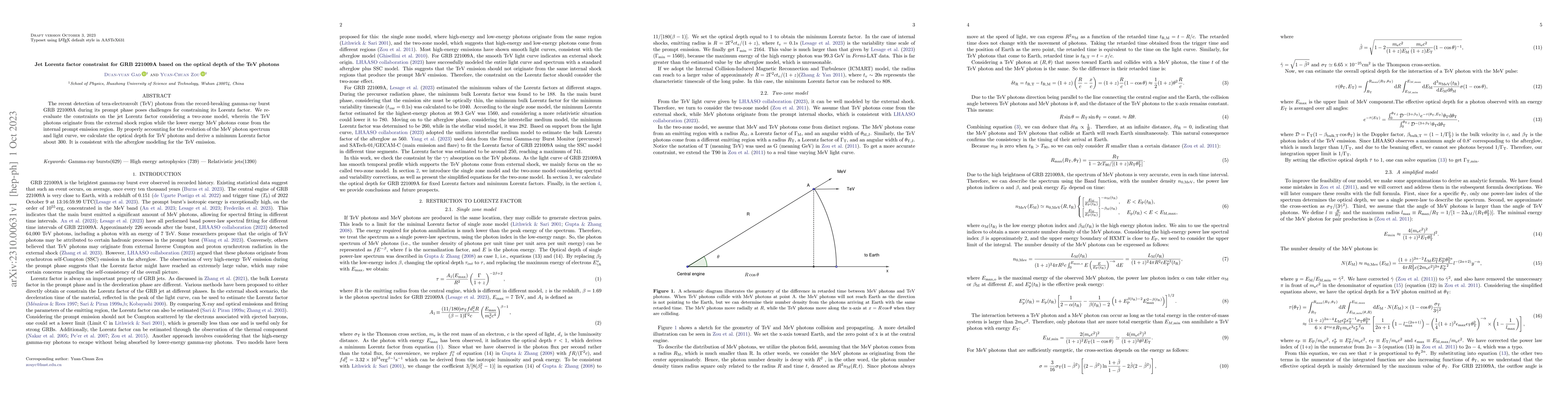 Thumbnail for Jet Lorentz factor constraint for GRB 221009A based on the optical depth
  of the TeV photons