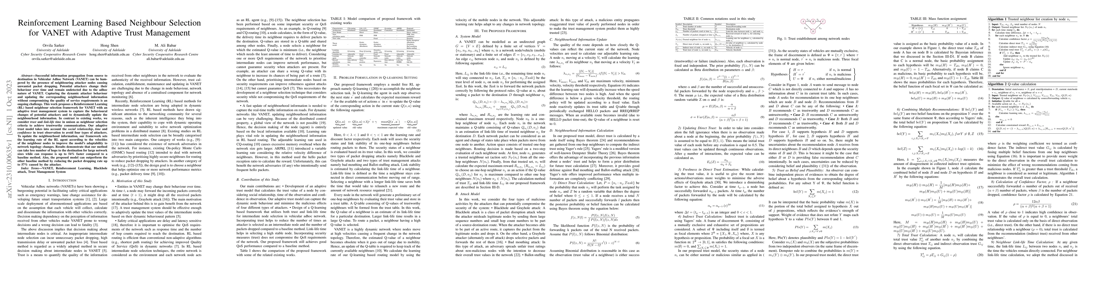 Thumbnail for Reinforcement Learning Based Neighbour Selection for VANET with Adaptive
  Trust Management