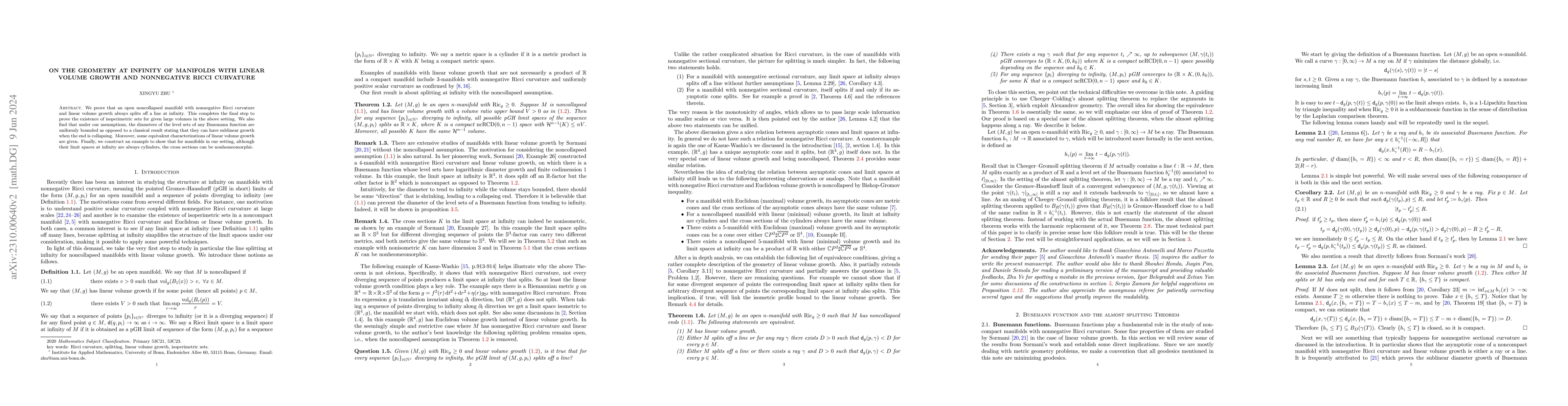 Thumbnail for On the geometry at infinity of manifolds with linear volume growth and
  nonnegative Ricci curvature