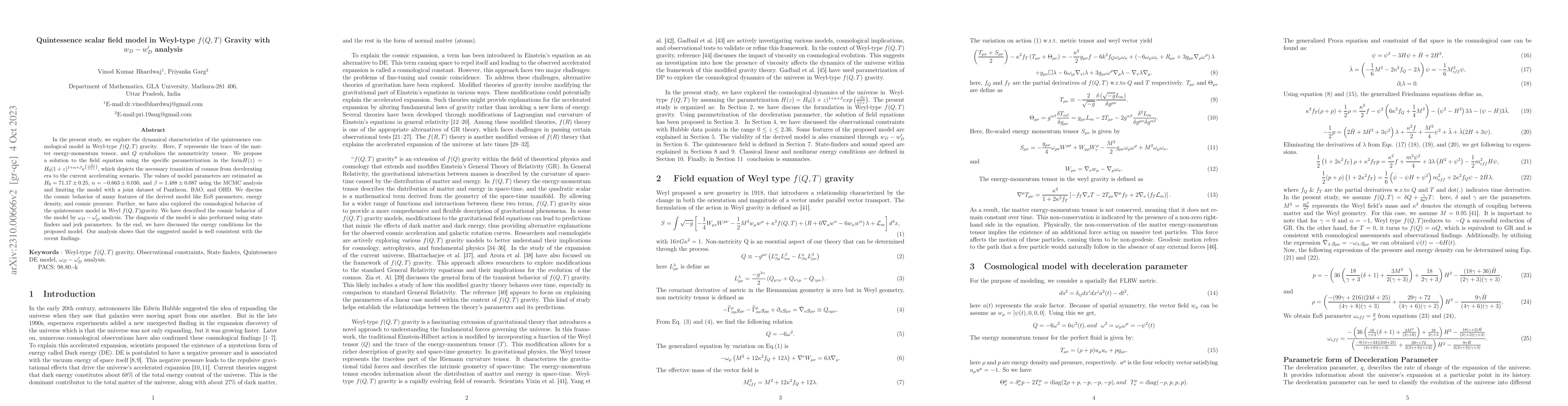 Thumbnail for Quintessence scalar field model in Weyl-type $f(Q,T)$ Gravity with
  $w_D-w'_D$ analysis