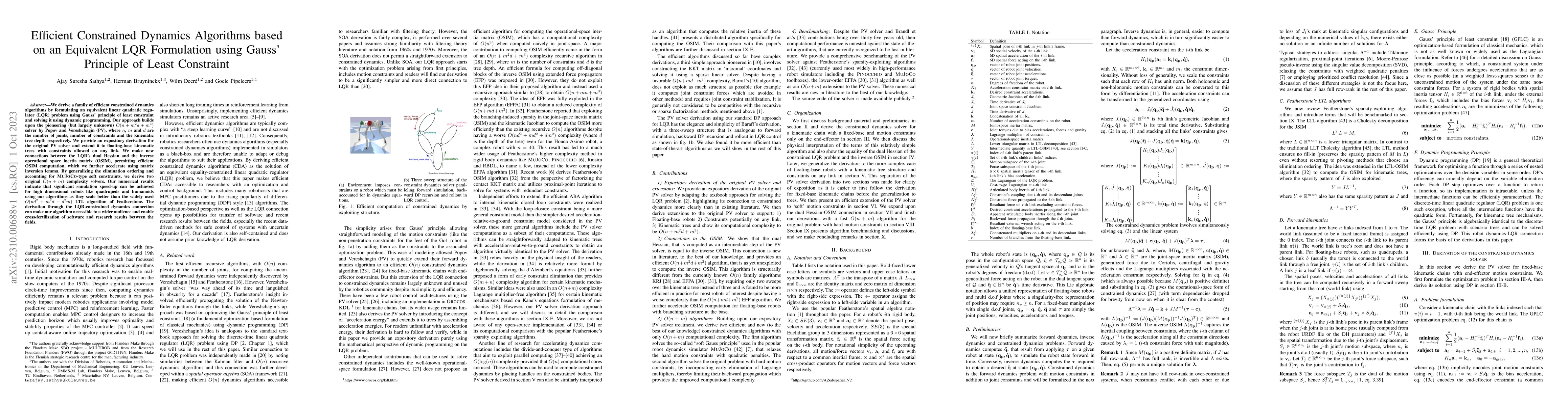 Thumbnail for Efficient Constrained Dynamics Algorithms based on an Equivalent LQR
  Formulation using Gauss' Principle of Least Constraint