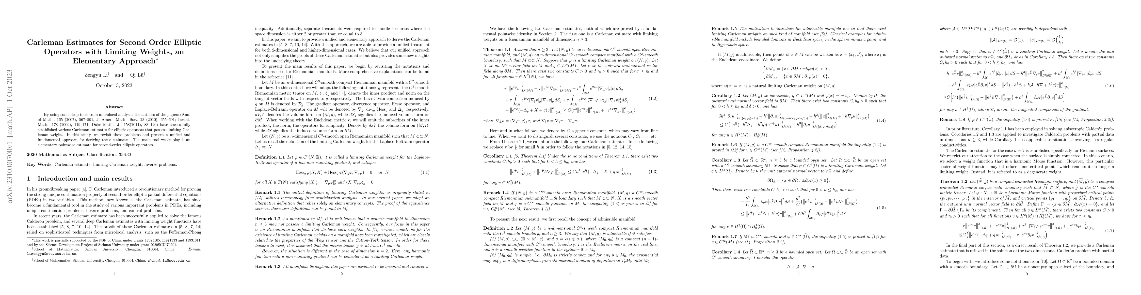 Thumbnail for Carleman Estimates for Second Order Elliptic Operators with Limiting
  Weights, an Elementary Approach