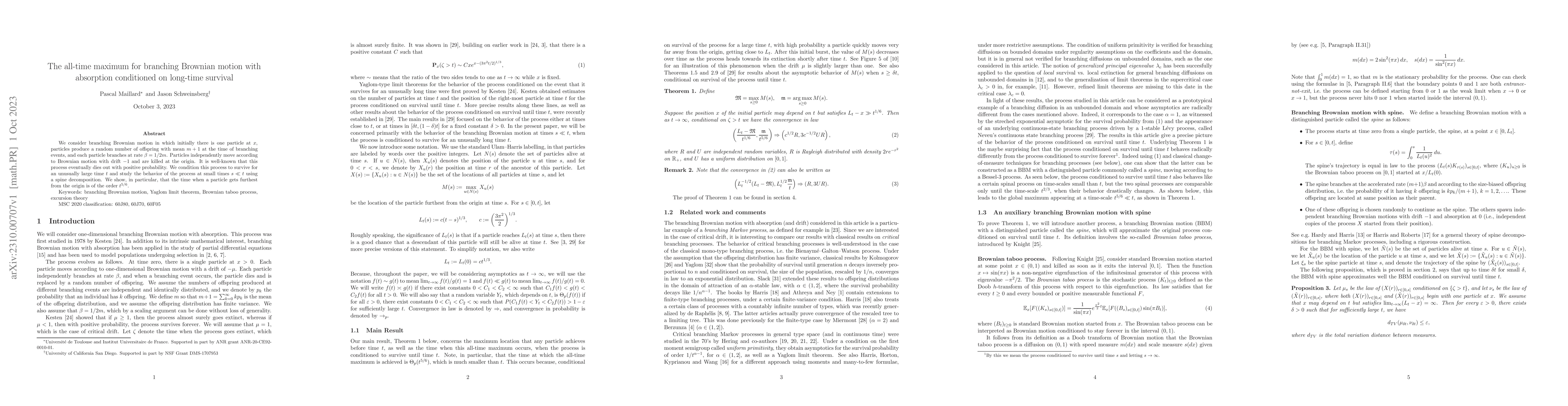 Thumbnail for The all-time maximum for branching Brownian motion with absorption
  conditioned on long-time survival