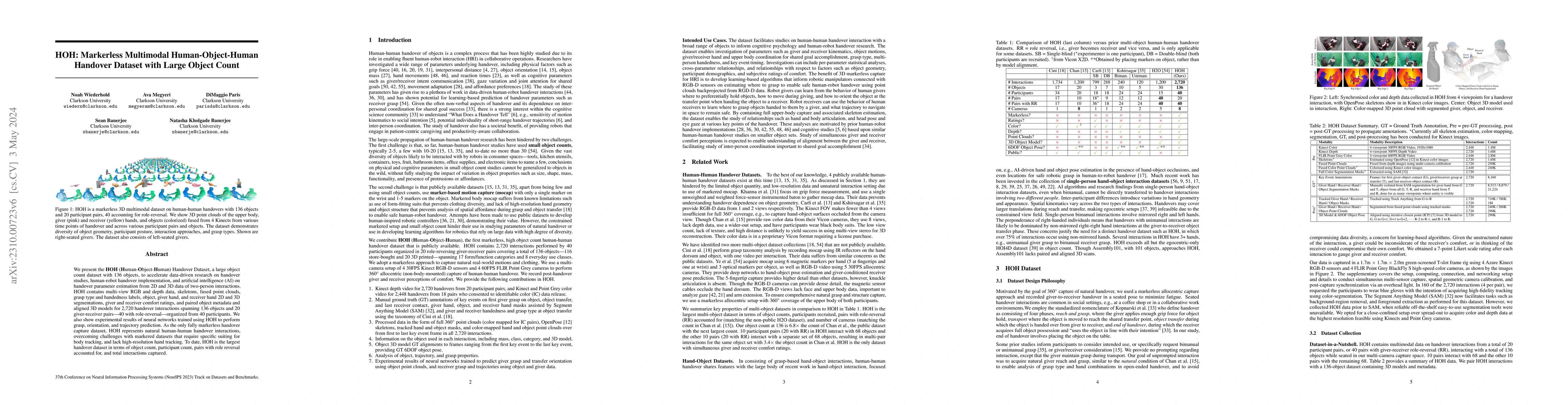 Thumbnail for HOH: Markerless Multimodal Human-Object-Human Handover Dataset with
  Large Object Count