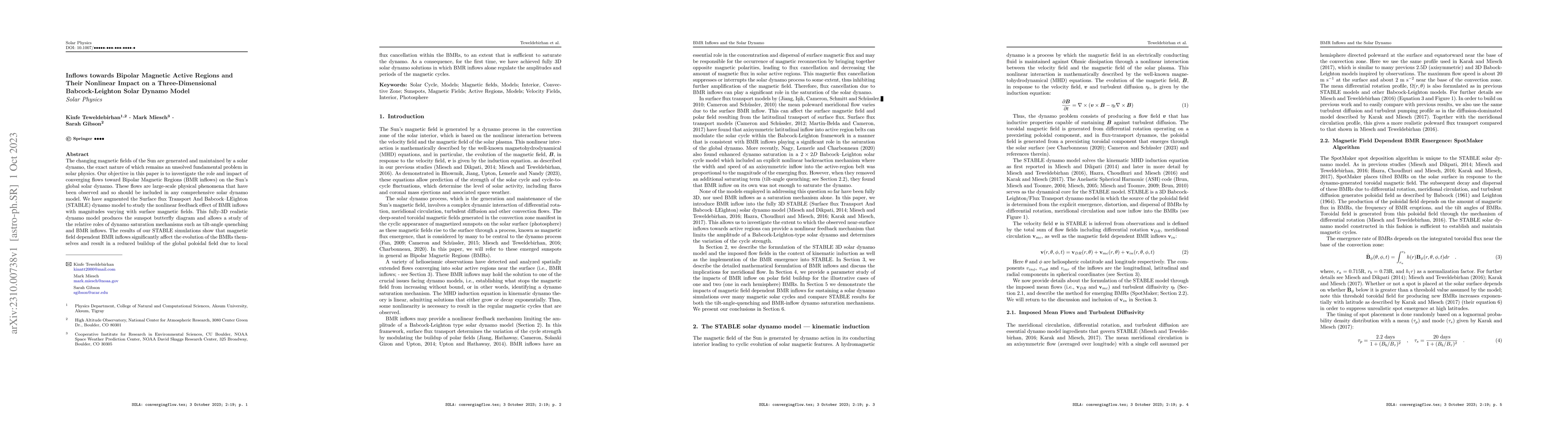 Thumbnail for Inflows towards Bipolar Magnetic Active Regions and Their Nonlinear
  Impact on a Three-Dimensional Babcock-Leighton Solar Dynamo Model