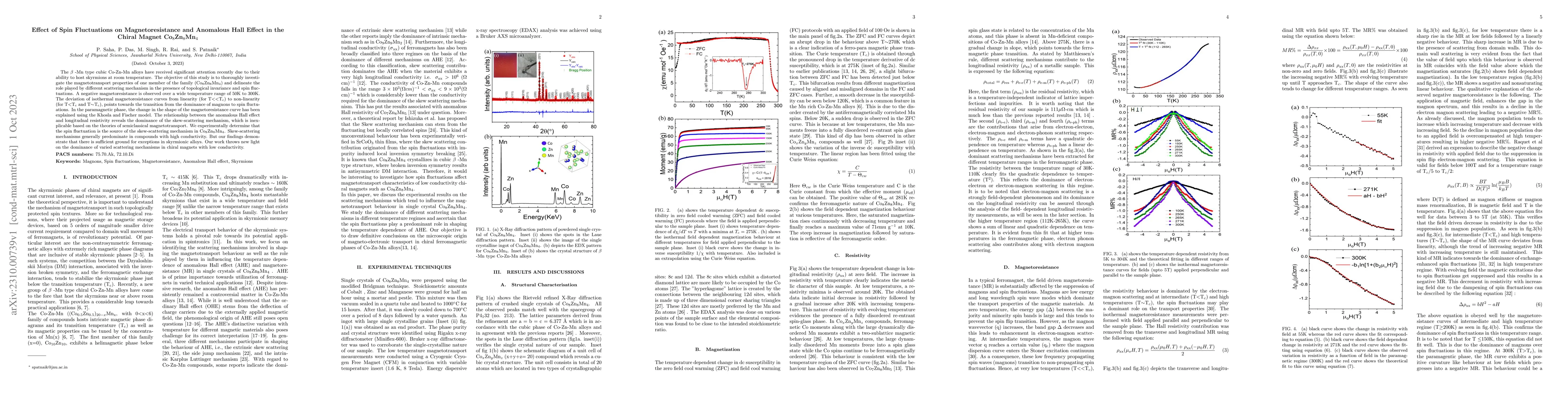 Thumbnail for Effect of Spin Fluctuations on Magnetoresistance and Anomalous Hall
  Effect in the Chiral Magnet Co8Zn8Mn4