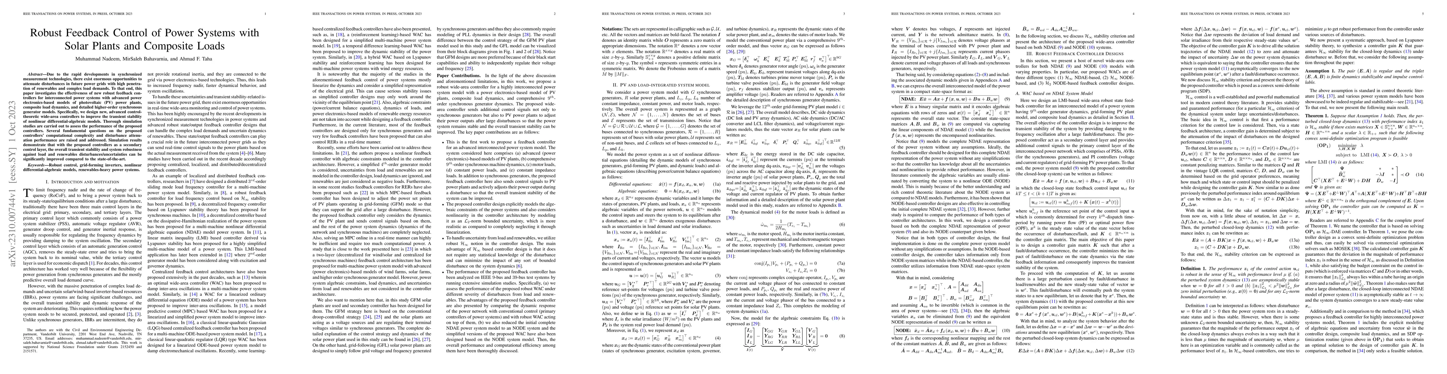 Thumbnail for Robust Feedback Control of Power Systems with Solar Plants and Composite
  Loads