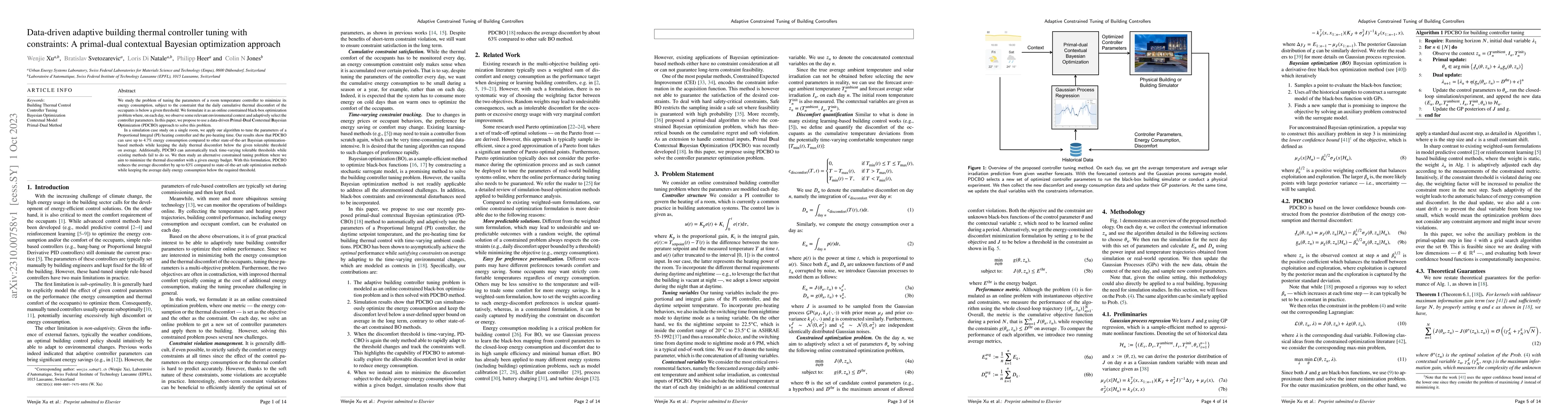 Thumbnail for Data-driven adaptive building thermal controller tuning with
  constraints: A primal-dual contextual Bayesian optimization approach