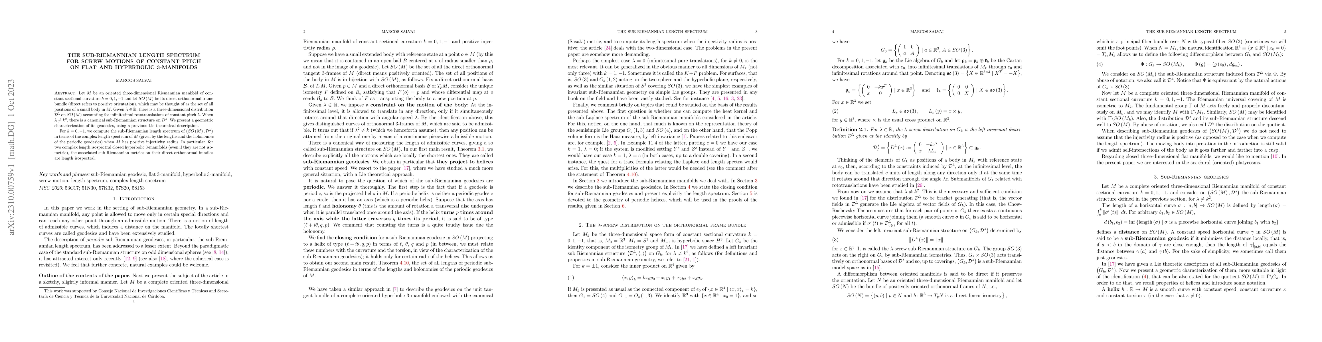 Thumbnail for The sub-Riemannian length spectrum for screw motions of constant pitch
  on flat and hyperbolic 3-manifolds