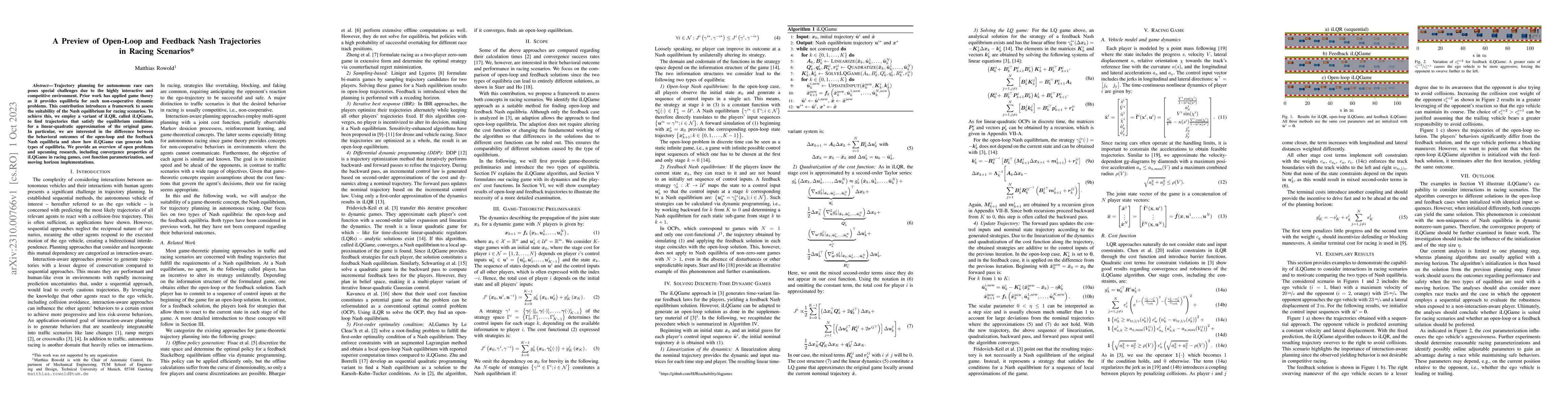Thumbnail for A Preview of Open-Loop and Feedback Nash Trajectories in Racing
  Scenarios