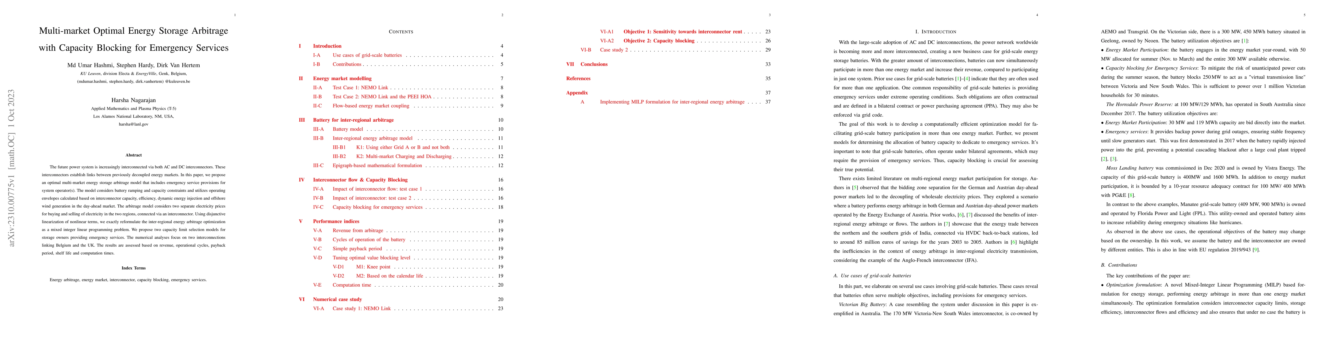 Thumbnail for Multi-market Optimal Energy Storage Arbitrage with Capacity Blocking for
  Emergency Services