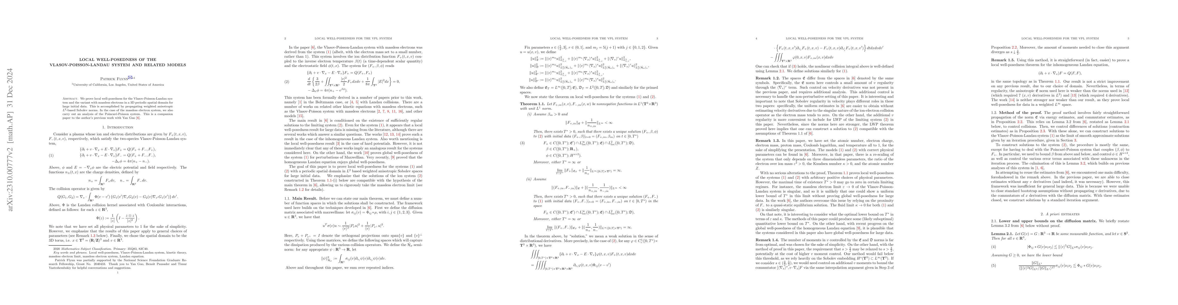 Thumbnail for Local well-posedness of the Vlasov-Poisson-Landau System and the
  Massless Electron System