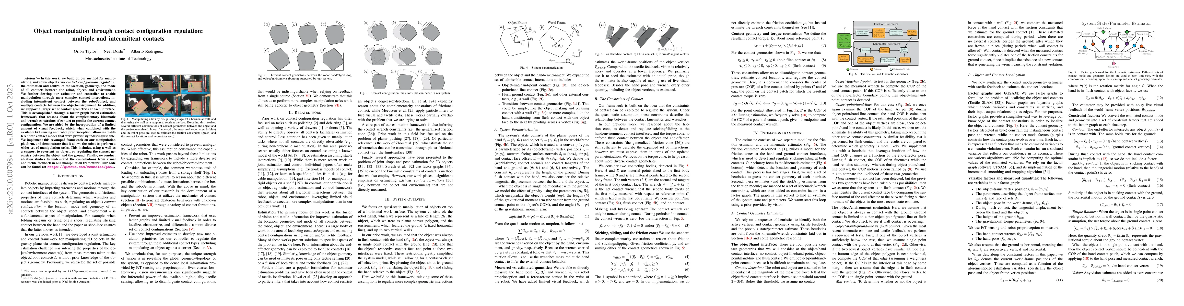 Thumbnail for Object manipulation through contact configuration regulation: multiple
  and intermittent contacts