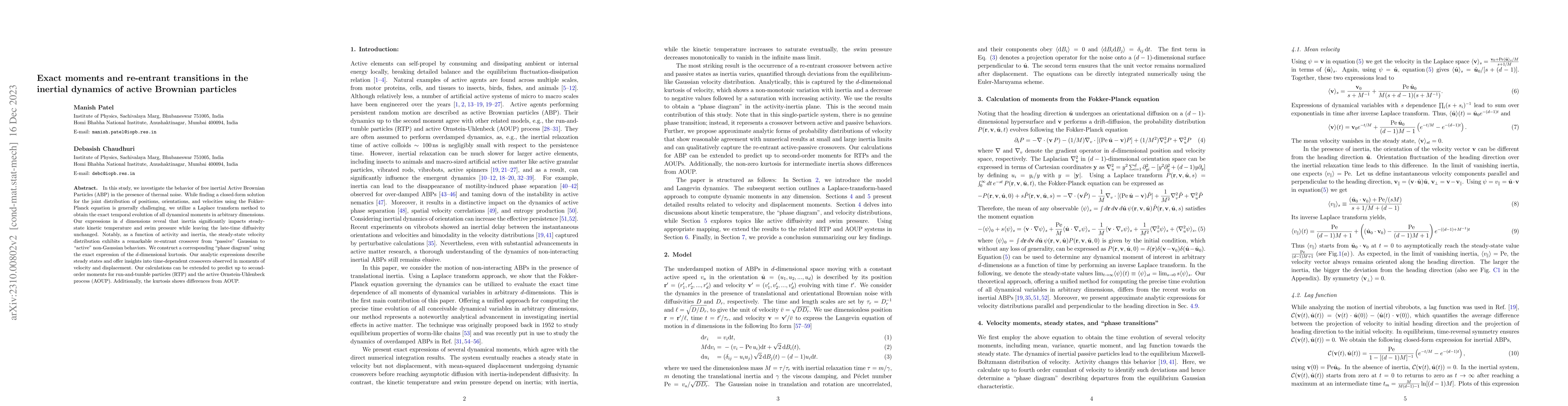 Thumbnail for Exact moments and re-entrant transitions in the inertial dynamics of
  active Brownian particles