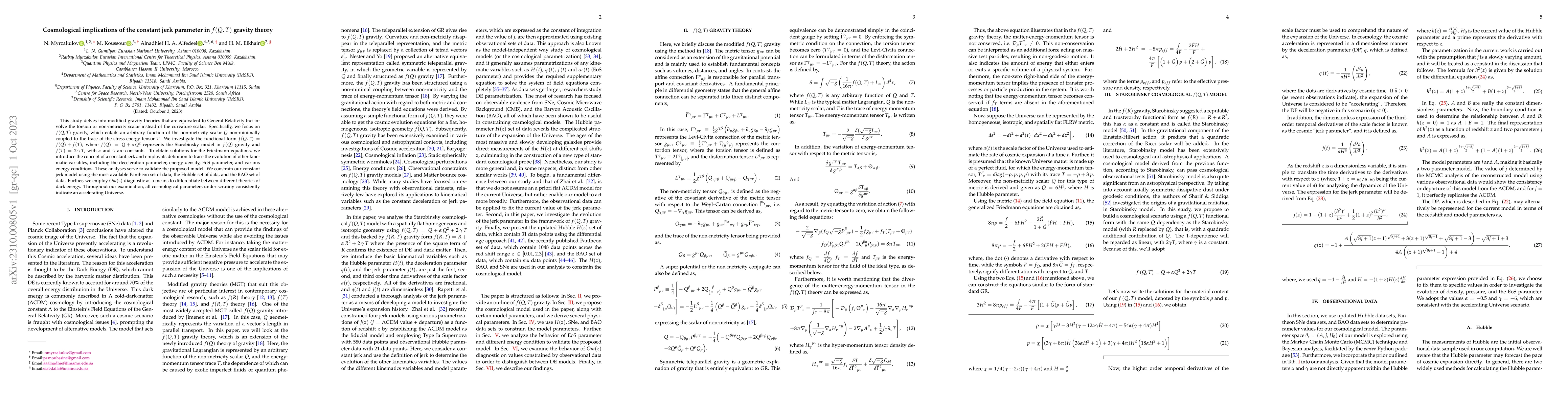 Thumbnail for Cosmological implications of the constant jerk parameter in $f(Q,T)$
  gravity theory