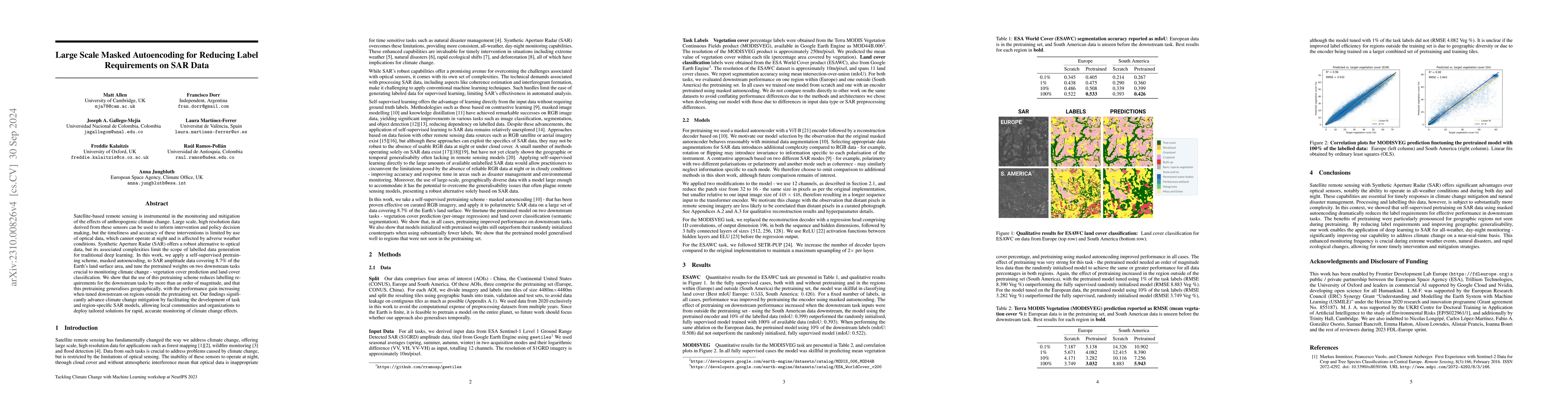 Thumbnail for Large Scale Masked Autoencoding for Reducing Label Requirements on SAR
  Data