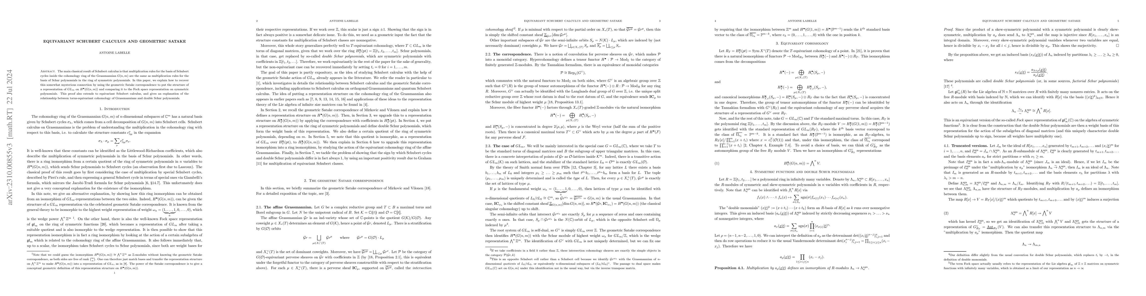 Thumbnail for Equivariant Schubert calculus and geometric Satake