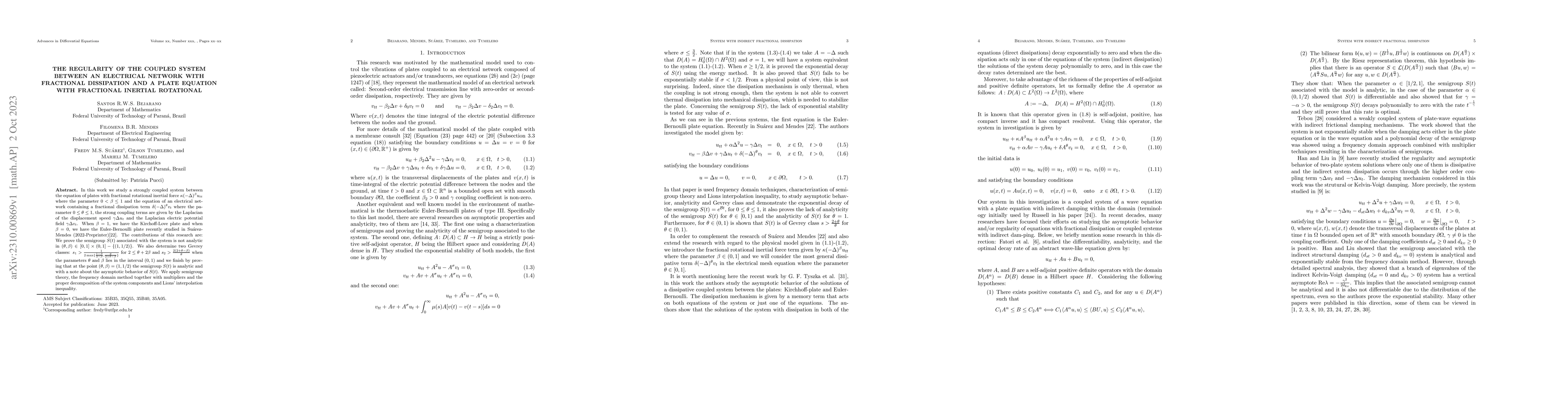 Thumbnail for The regularity of the coupled system between an electrical network with
  fractional dissipation and a plate equation with fractional inertial
  rotational