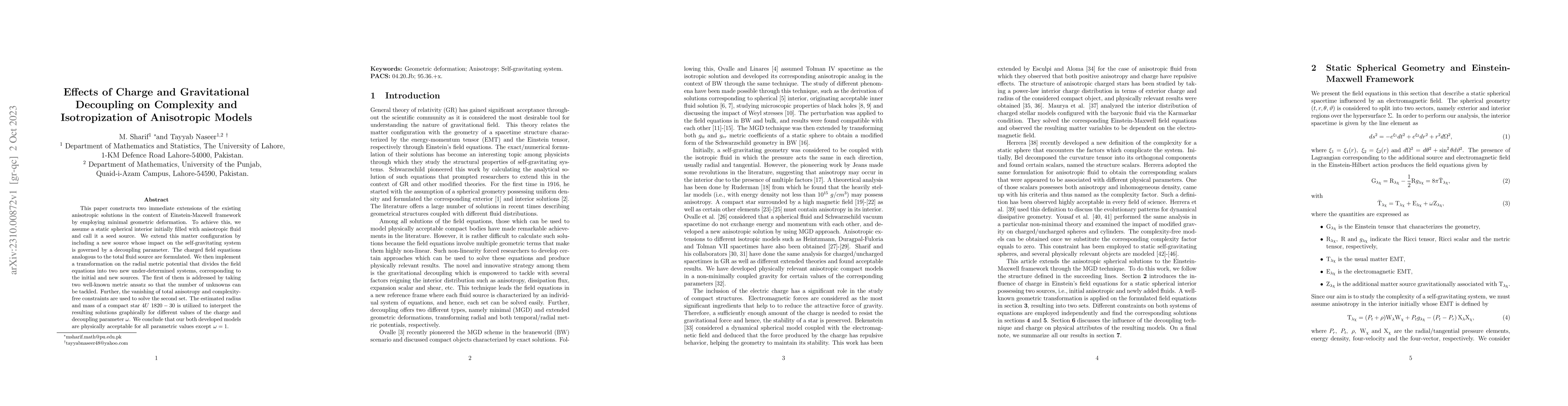 Thumbnail for Effects of Charge and Gravitational Decoupling on Complexity and
  Isotropization of Anisotropic Models