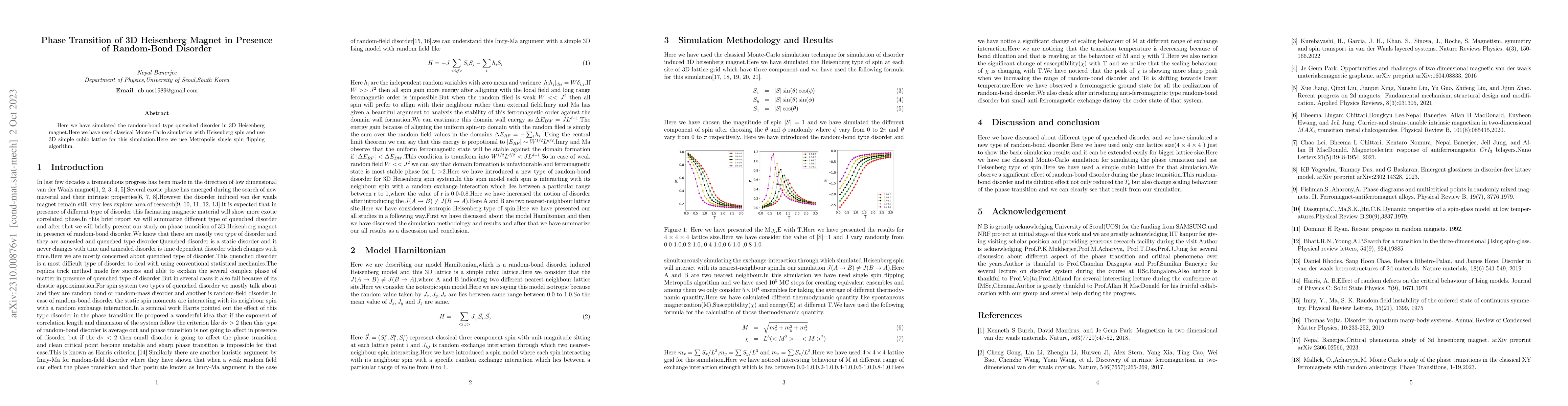 Thumbnail for Phase Transition of 3D Heisenberg Magnet in Presence of Random-Bond
  Disorder