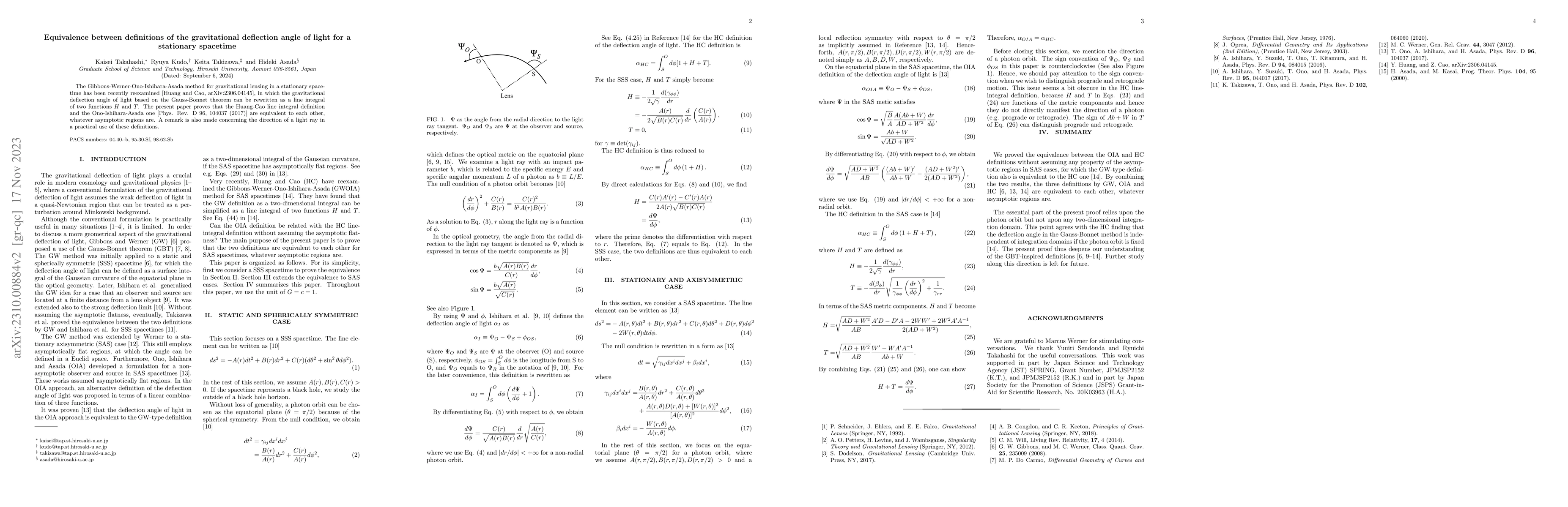 Thumbnail for Equivalence between definitions of the gravitational deflection angle of
  light for a stationary spacetime