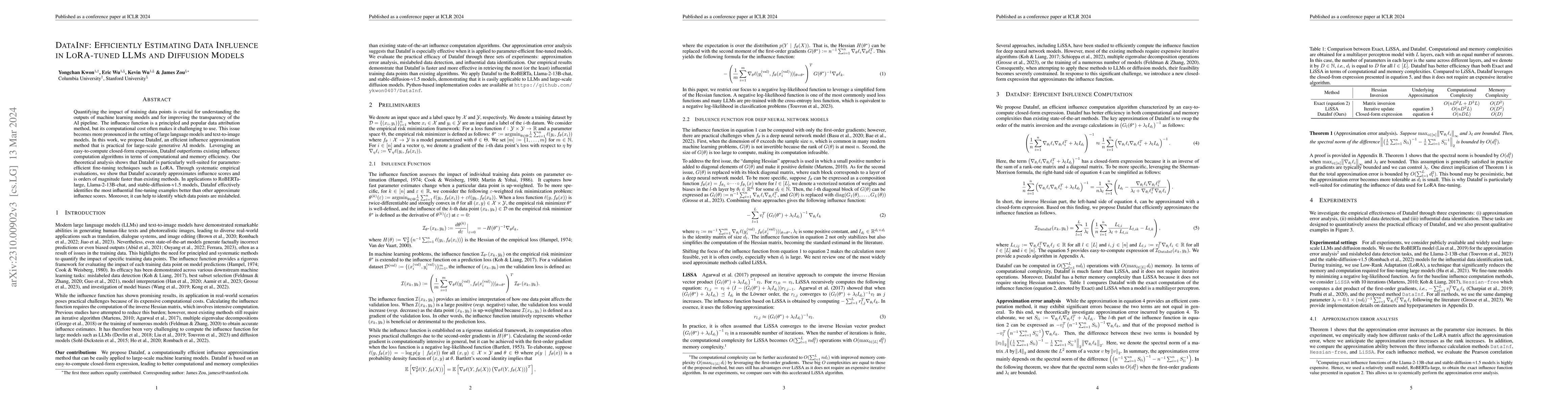 Thumbnail for DataInf: Efficiently Estimating Data Influence in LoRA-tuned LLMs and
  Diffusion Models