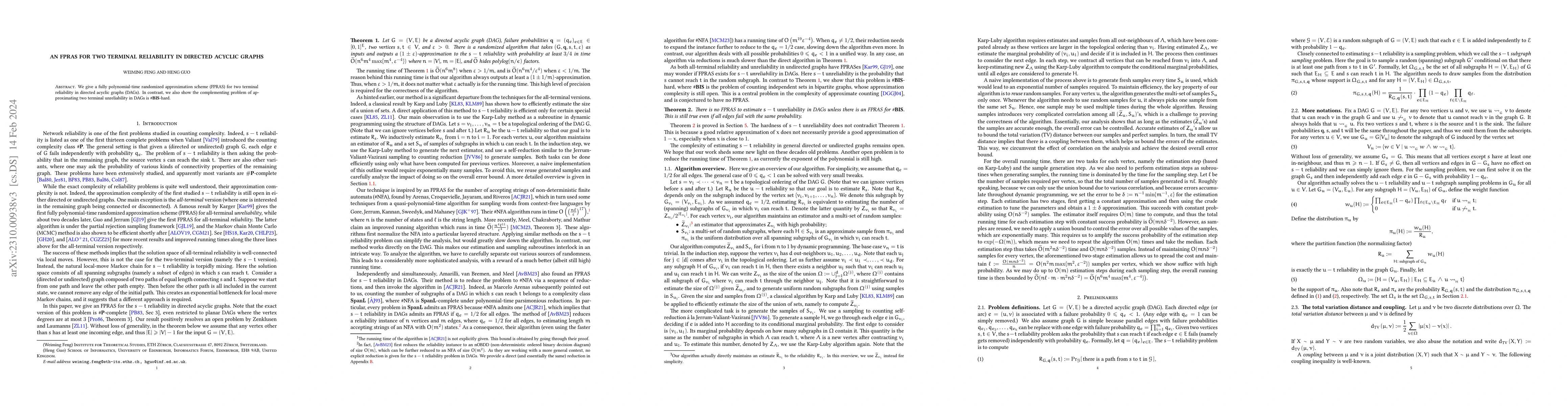Thumbnail for An FPRAS for two terminal reliability in directed acyclic graphs