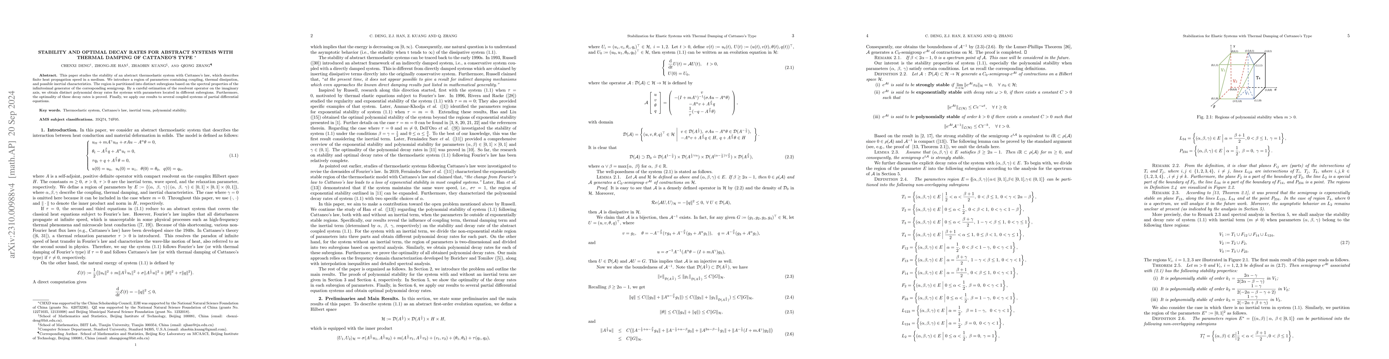 Thumbnail for Stability and Optimal Decay Rates for Abstract Systems with Thermal
  Damping of Cattaneo's Type