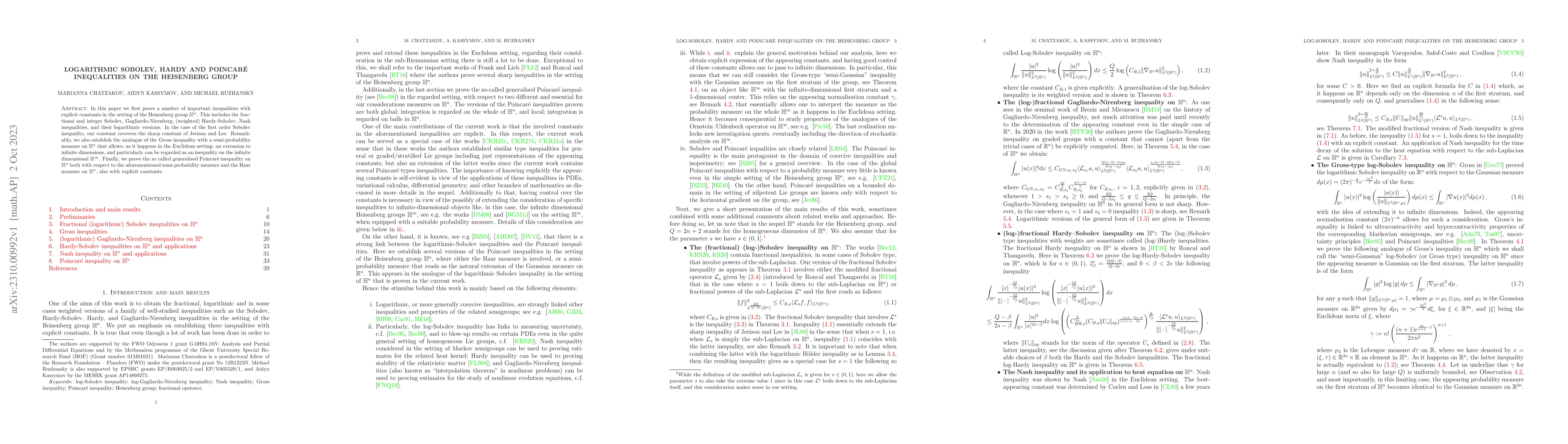 Thumbnail for Logarithmic Sobolev, Hardy and Poincar\'e inequalities on the Heisenberg
  group