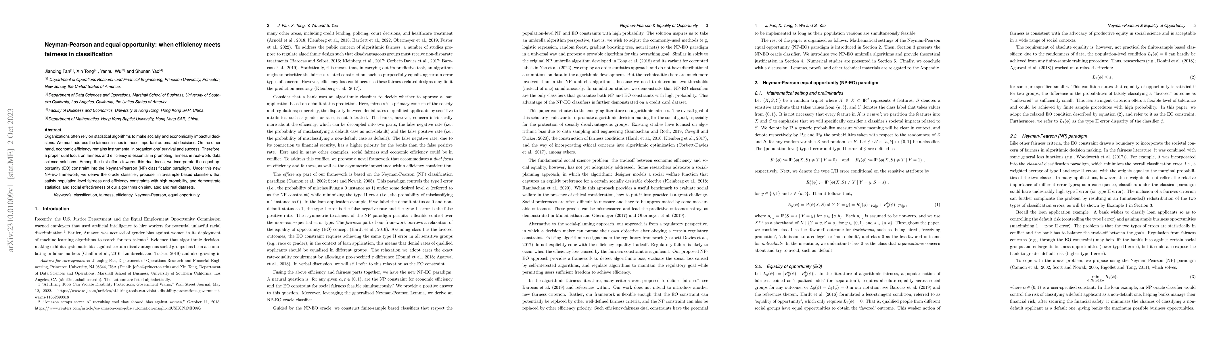 Thumbnail for Neyman-Pearson and equal opportunity: when efficiency meets fairness in
  classification