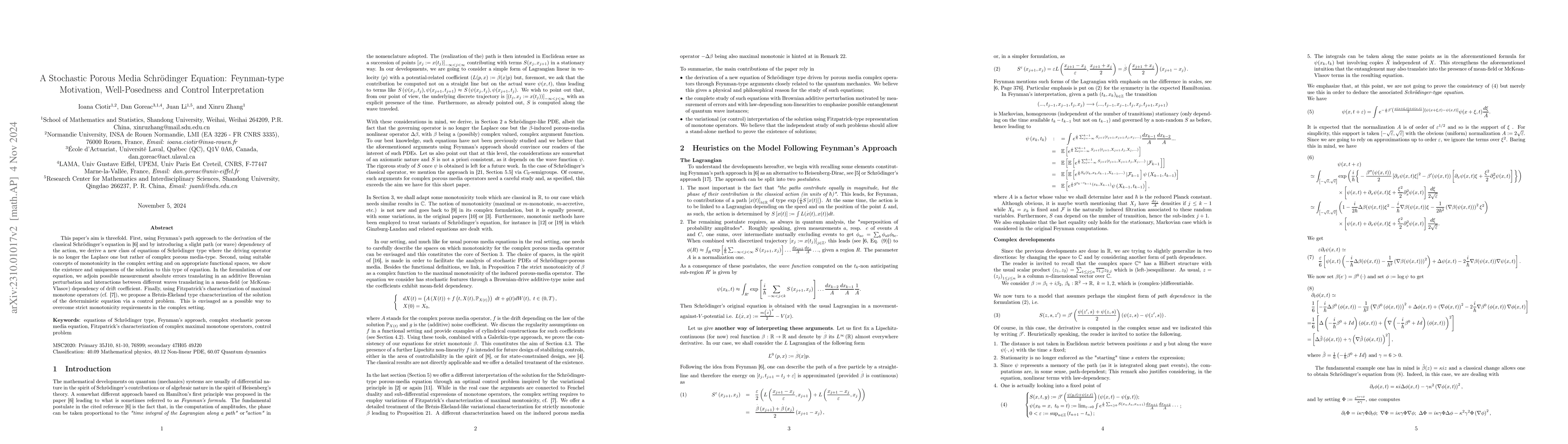 Thumbnail for The Porous Media Schr{\"o}dinger Equation : Feynman-type Motivation,
  Well-Posedness and Control Interpretation