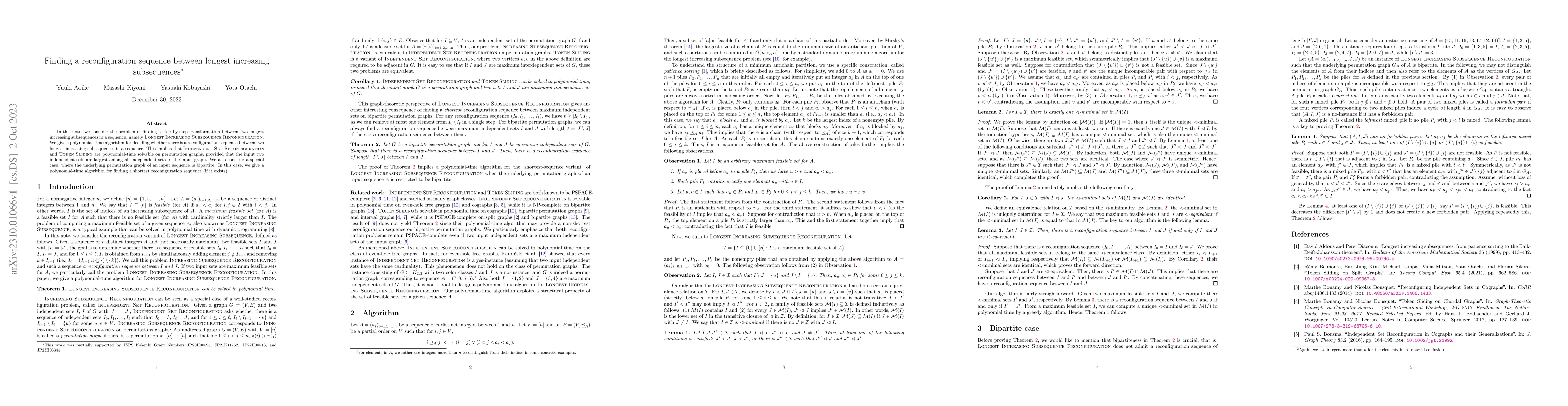 Thumbnail for Finding a reconfiguration sequence between longest increasing
  subsequences
