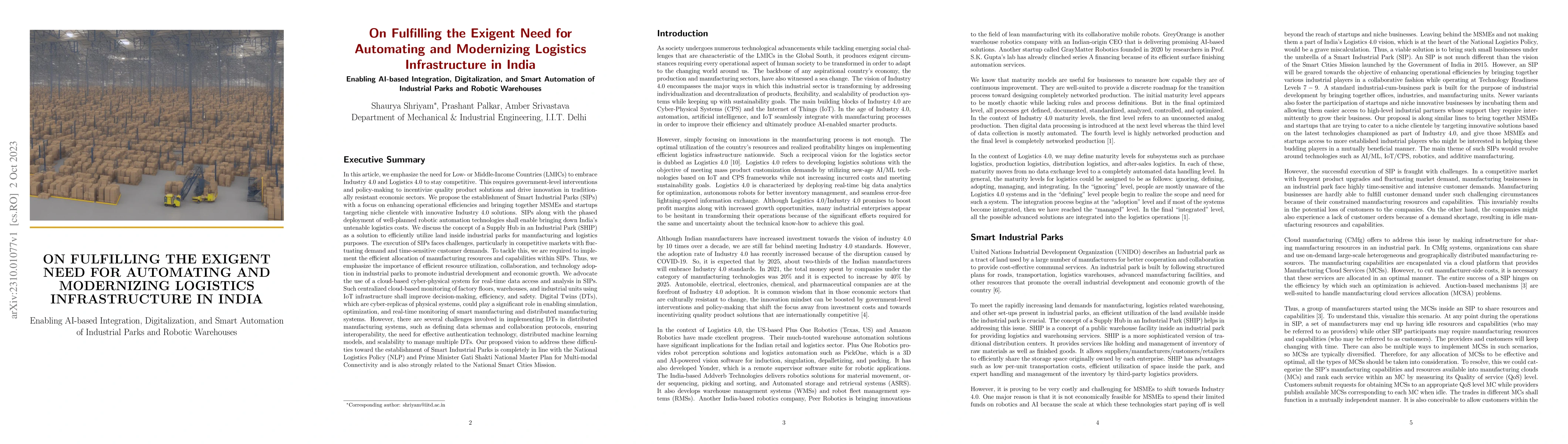 Thumbnail for On Fulfilling the Exigent Need for Automating and Modernizing Logistics
  Infrastructure in India: Enabling AI-based Integration, Digitalization, and
  Smart Automation of Industrial Parks and Robotic Warehouses