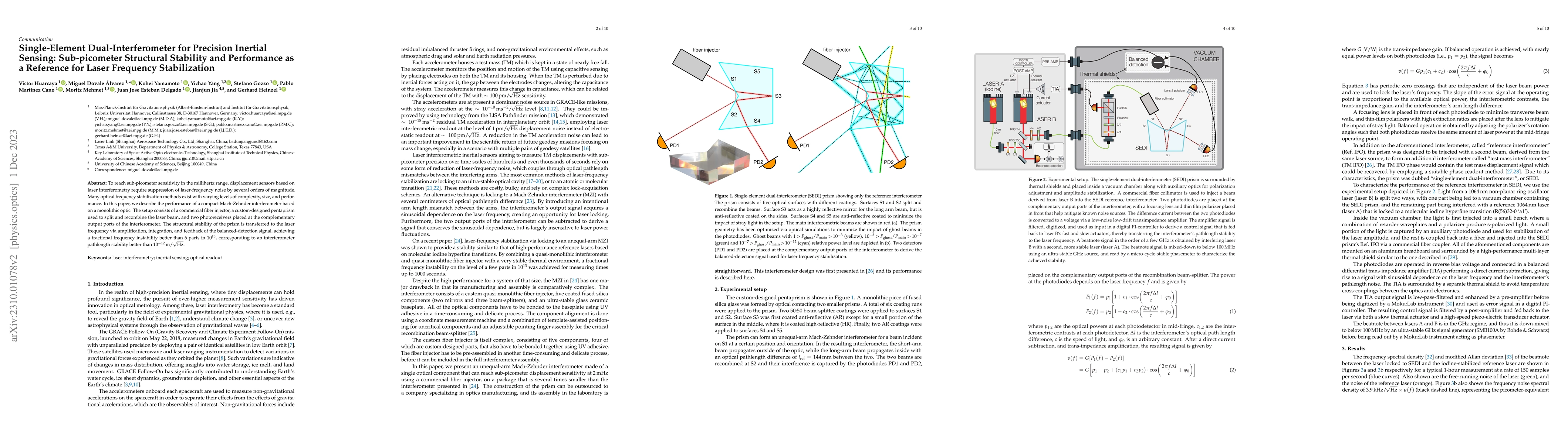 Thumbnail for Single-Element Dual-Interferometer for Precision Inertial Sensing:
  Sub-picometer Structural Stability and Performance as a Reference for Laser
  Frequency Stabilization