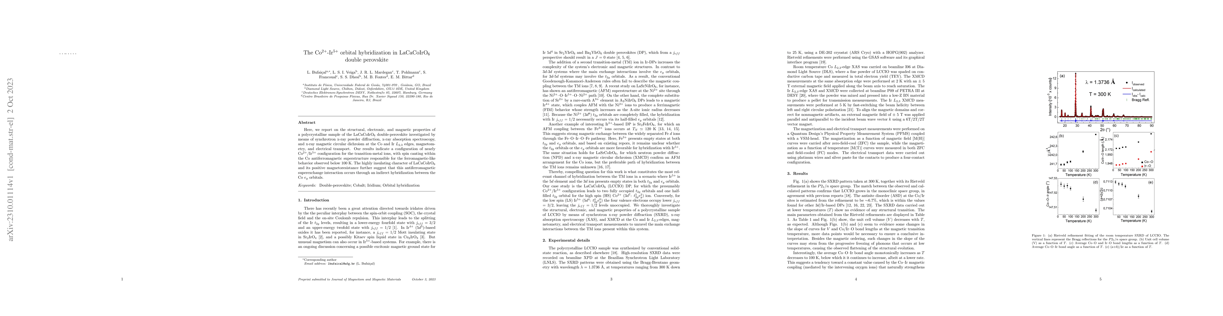 Thumbnail for The Co$^{2+}$-Ir$^{5+}$ orbital hybridization in LaCaCoIrO$_6$ double
  perovskite