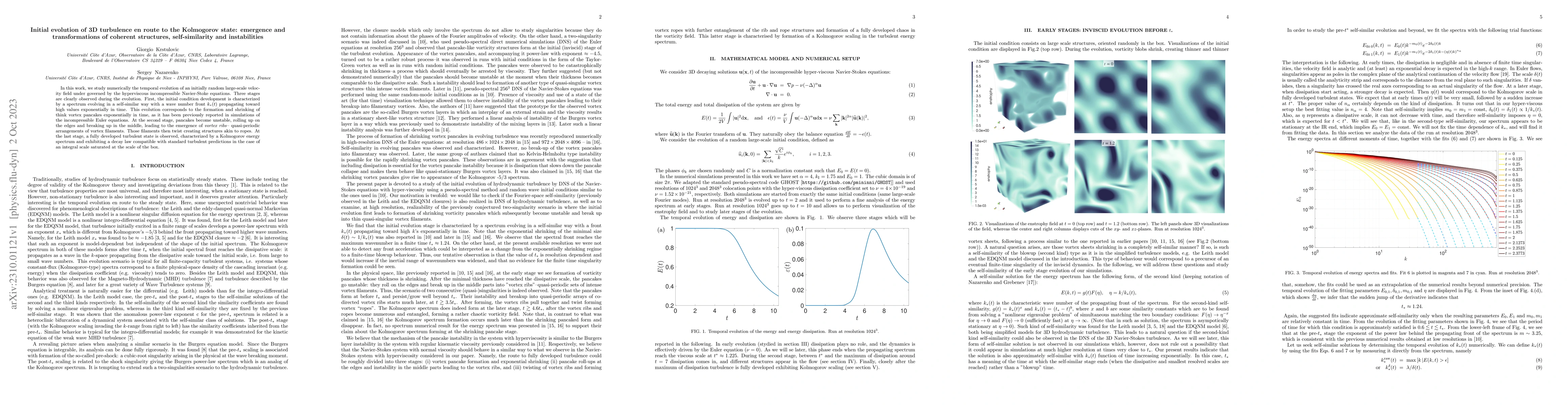 Thumbnail for Initial evolution of 3D turbulence en route to the Kolmogorov state:
  emergence and transformations of coherent structures, self-similarity and
  instabilities