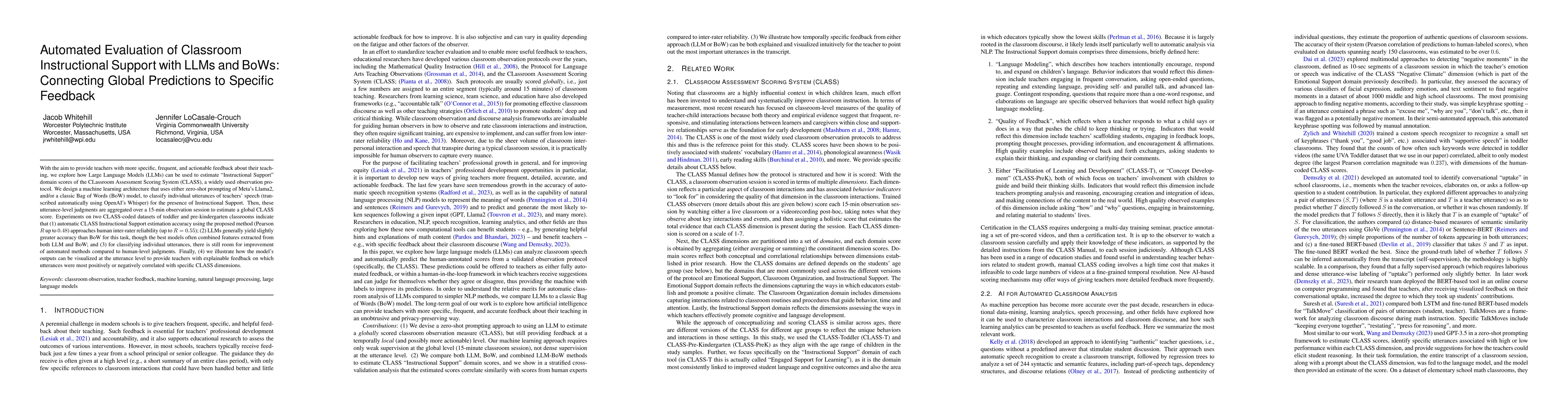 Thumbnail for Automated Evaluation of Classroom Instructional Support with LLMs and
  BoWs: Connecting Global Predictions to Specific Feedback