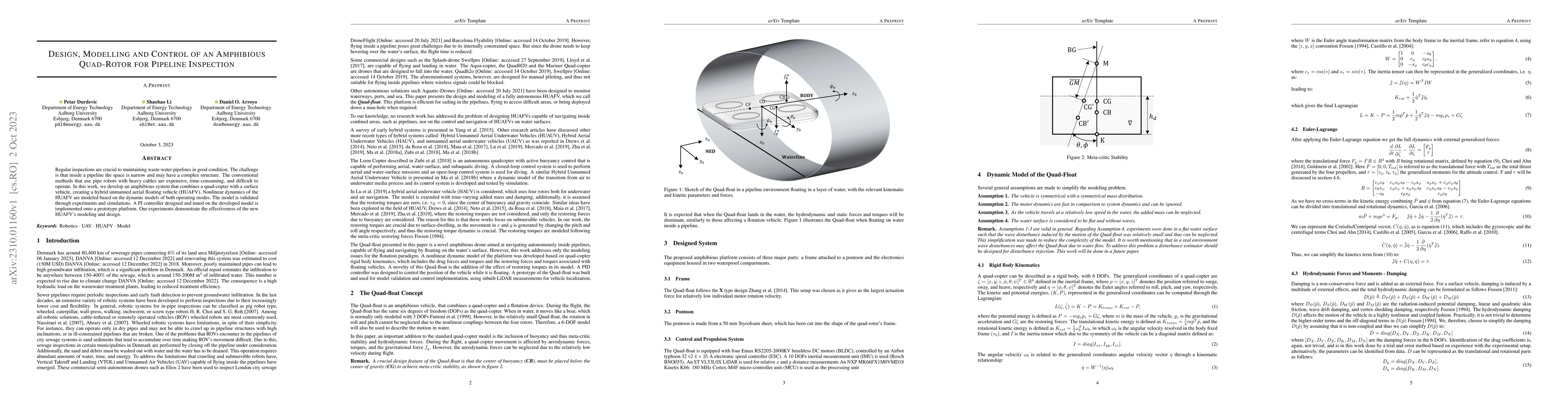Thumbnail for Design, Modelling and Control of an Amphibious Quad-Rotor for Pipeline
  Inspection